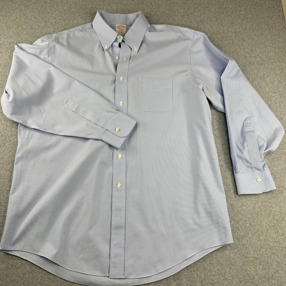 Brooks Brothers Dress Shirt Mens 16.5 34 Blue Madison Fit Micro Check Non-Iron